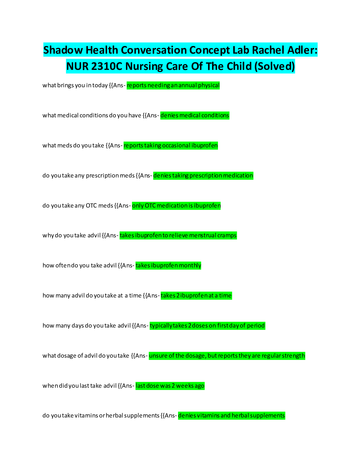 Shadow Health Conversation Concept Lab Rachel Adler NUR 2310C Nursing